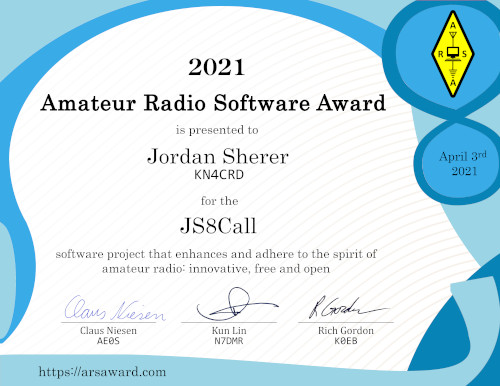 Certificate of the 2021 Amateur Radio Software Award - Jordan Sherer KN4CRD - J8Call